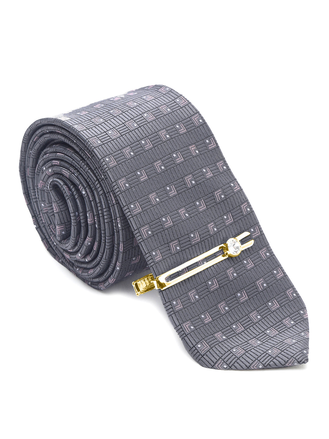 Grey Checkerd Luxury Italian Silk Necktie Set With Pocket Square Gold Tie pin