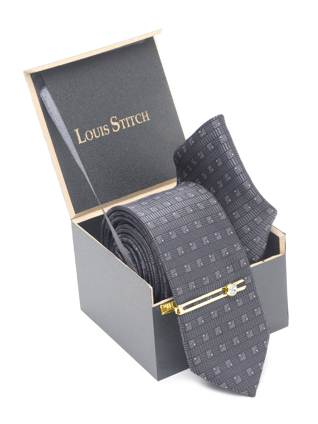 Grey Checkerd Luxury Italian Silk Necktie Set With Pocket Square Gold Tie pin