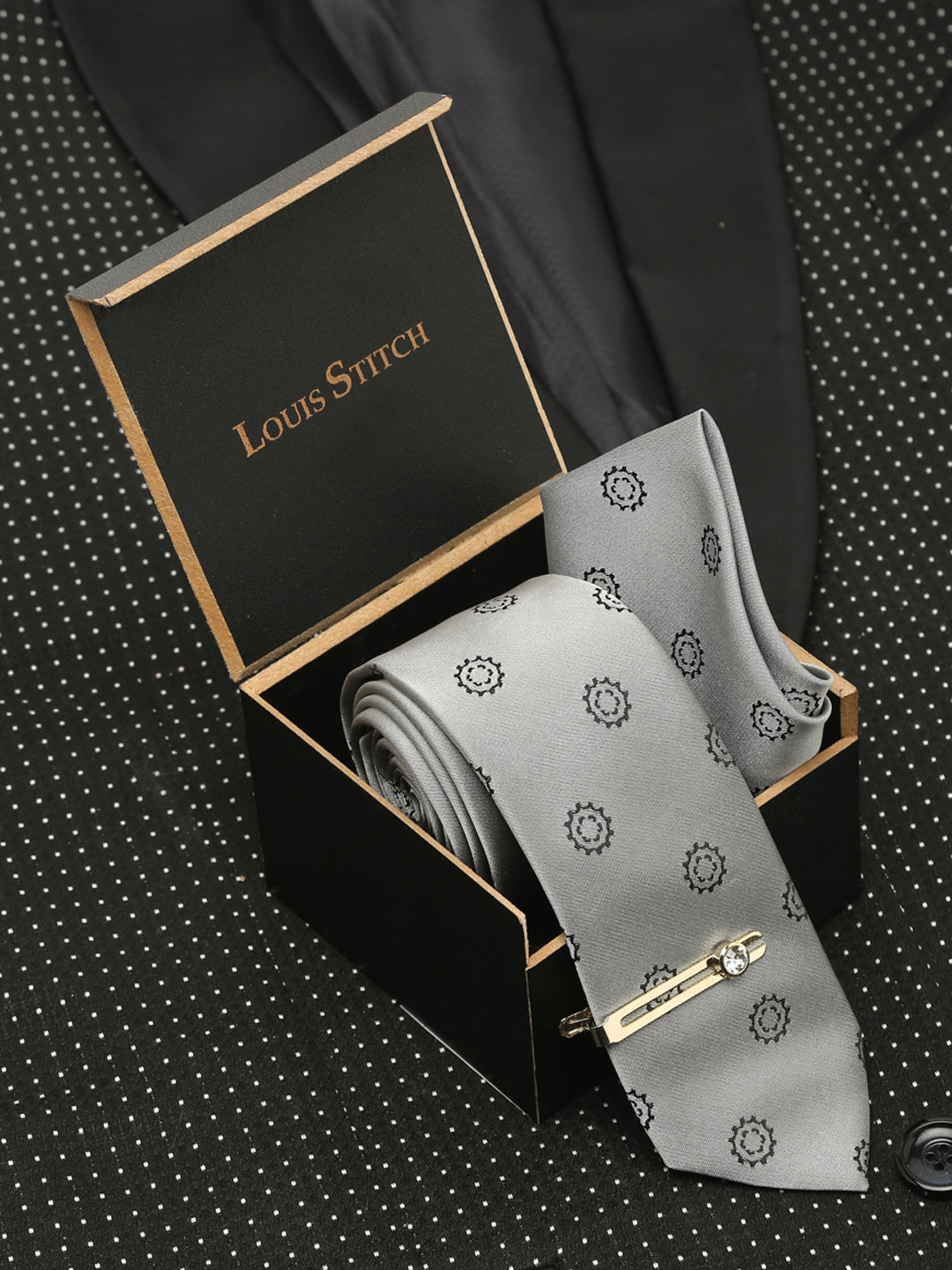 Polka Grey Luxury Italian Silk Necktie Set With Pocket Square Gold Tie pin