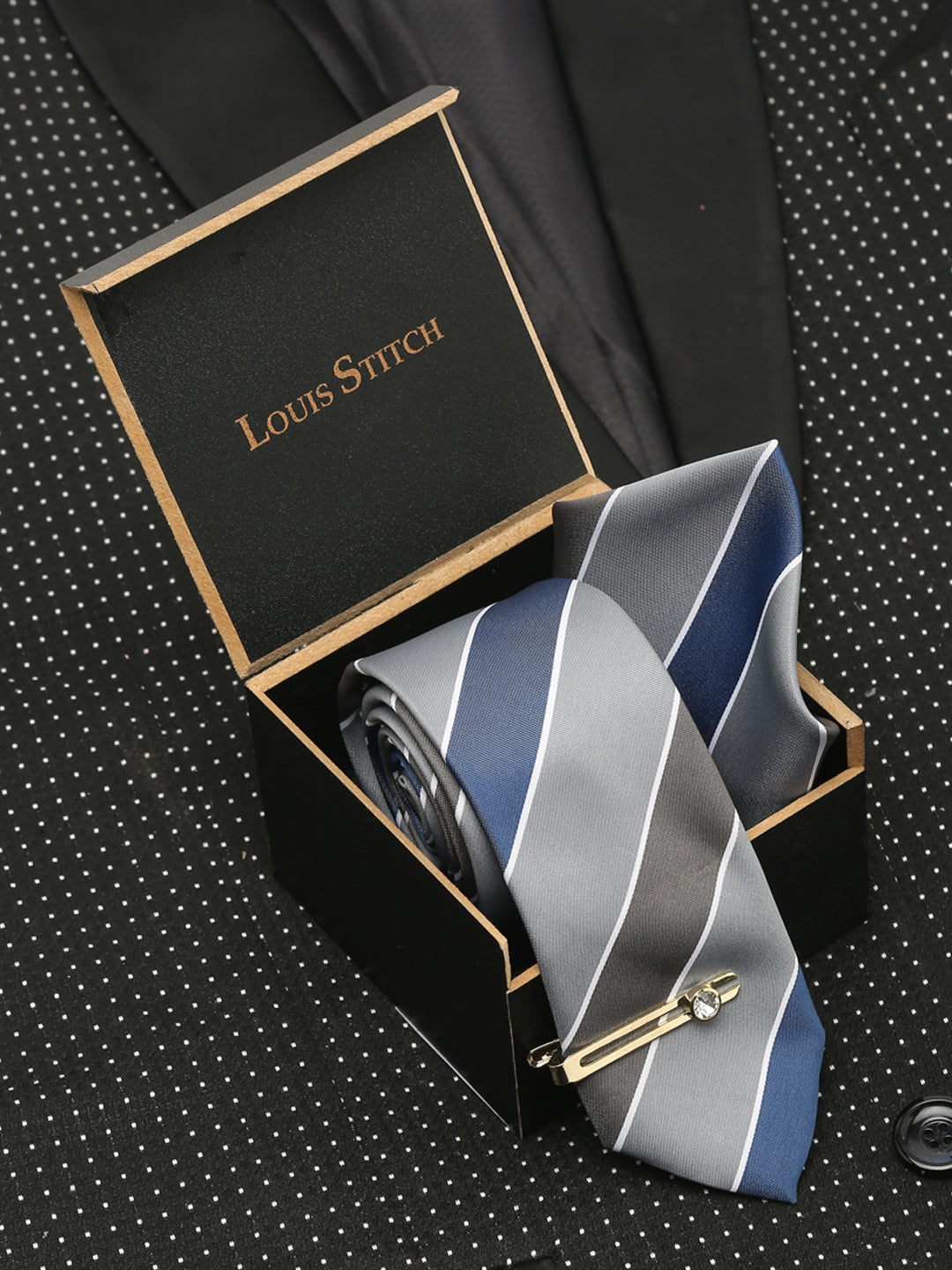 Lined Blue Luxury Italian Silk Necktie Set With Pocket Square Gold Tie pin