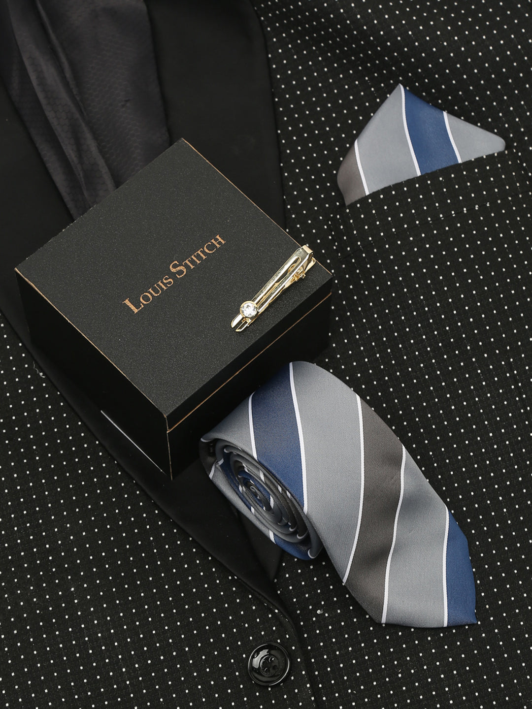 Lined Blue Luxury Italian Silk Necktie Set With Pocket Square Gold Tie pin