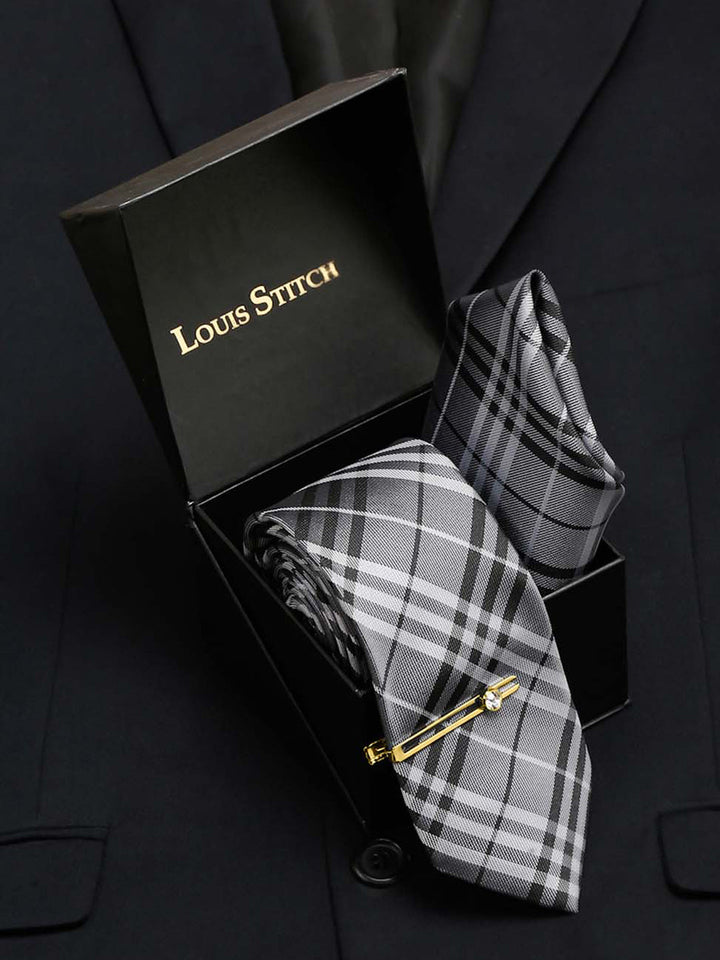 Steel Grey Italian Silk Necktie Set Pocket Square Golden Tiepin