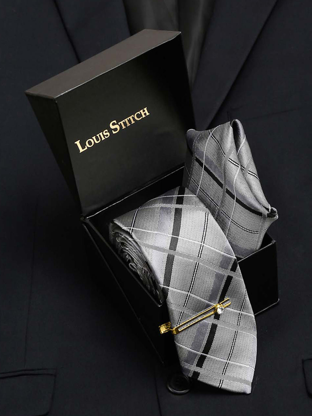 Pewter Grey Italian Silk Necktie Set Pocket Square Golden Tiepin