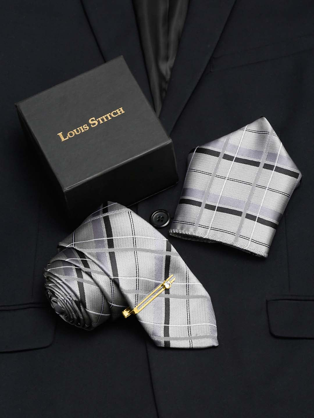 Pewter Grey Italian Silk Necktie Set Pocket Square Golden Tiepin
