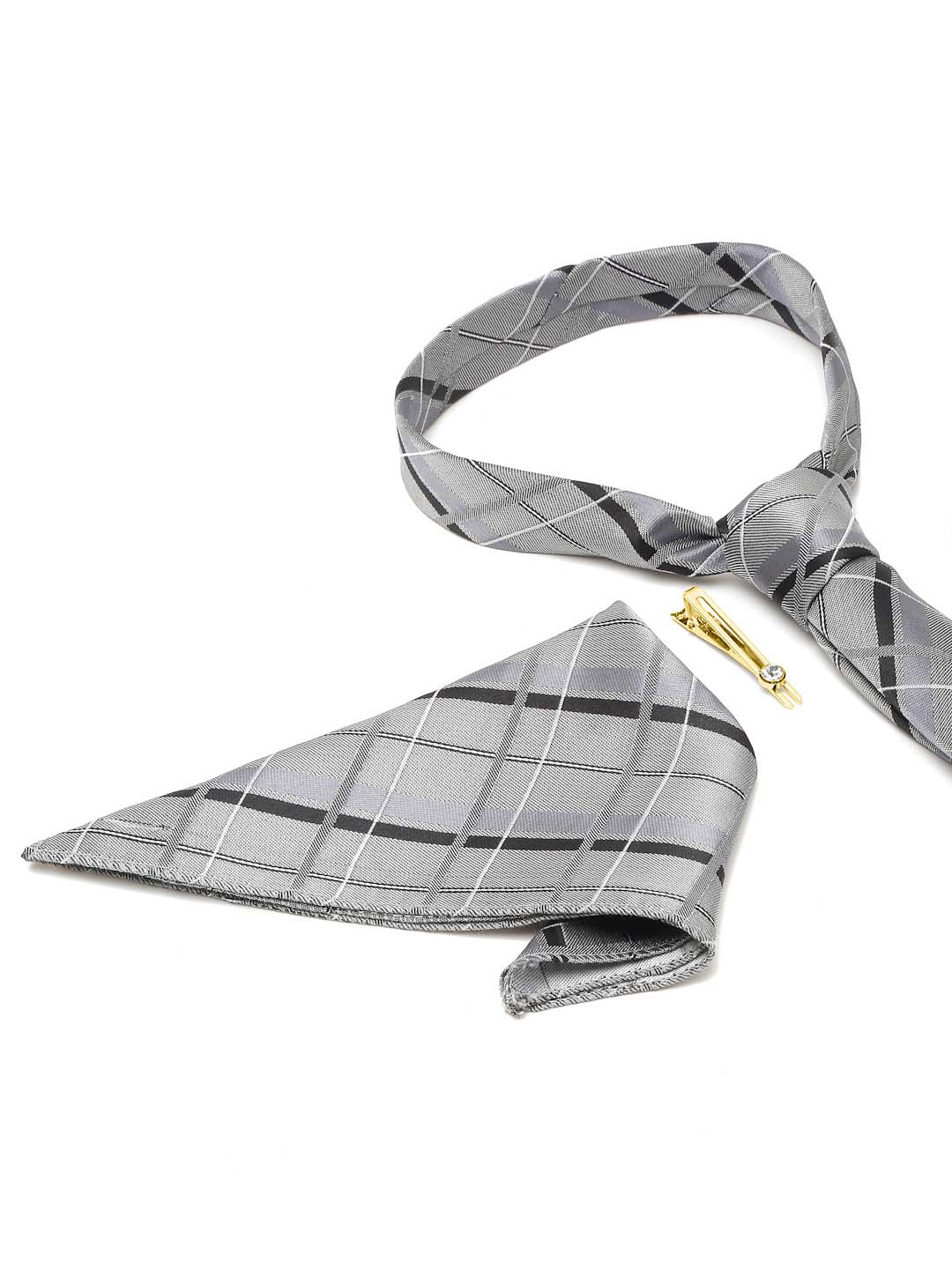 Pewter Grey Italian Silk Necktie Set Pocket Square Golden Tiepin