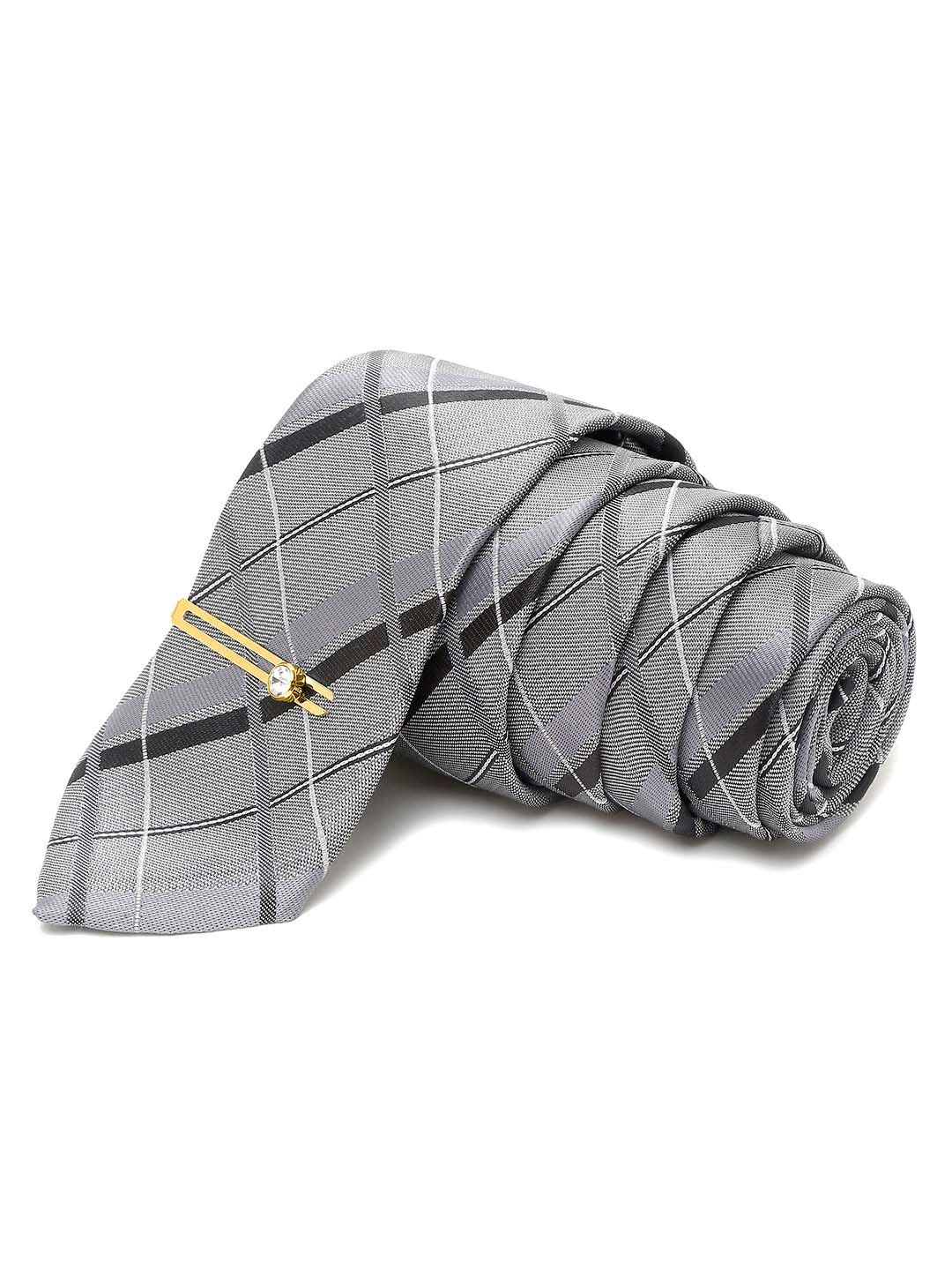Pewter Grey Italian Silk Necktie Set Pocket Square Golden Tiepin