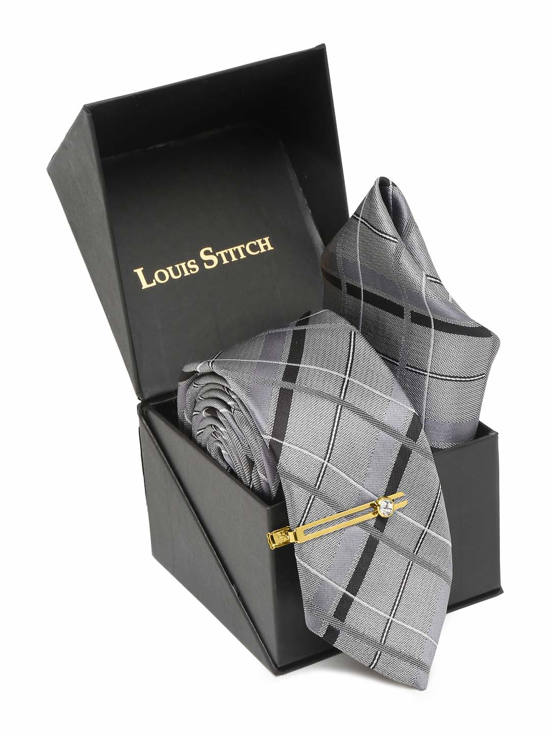 Pewter Grey Italian Silk Necktie Set Pocket Square Golden Tiepin