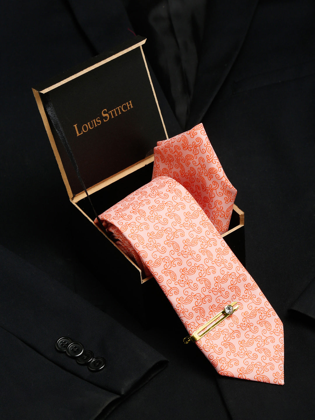 Coral Luxury Italian Silk Necktie Set With Pocket Square Gold Tie pin
