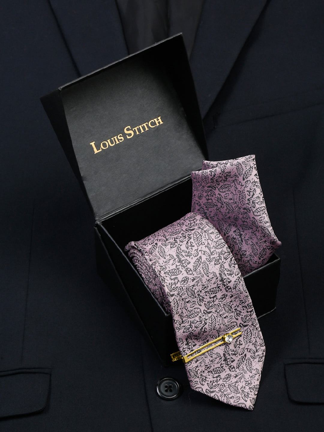 Baby Pink Luxury Italian Silk Necktie Set With Pocket Square Gold Tie pin