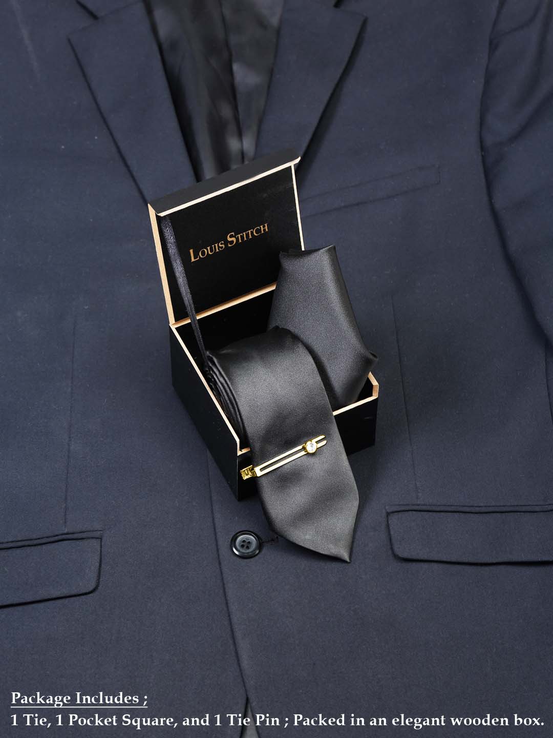 Devils Black Luxury Italian Silk Necktie Set With Pocket Square Gold Tie pin