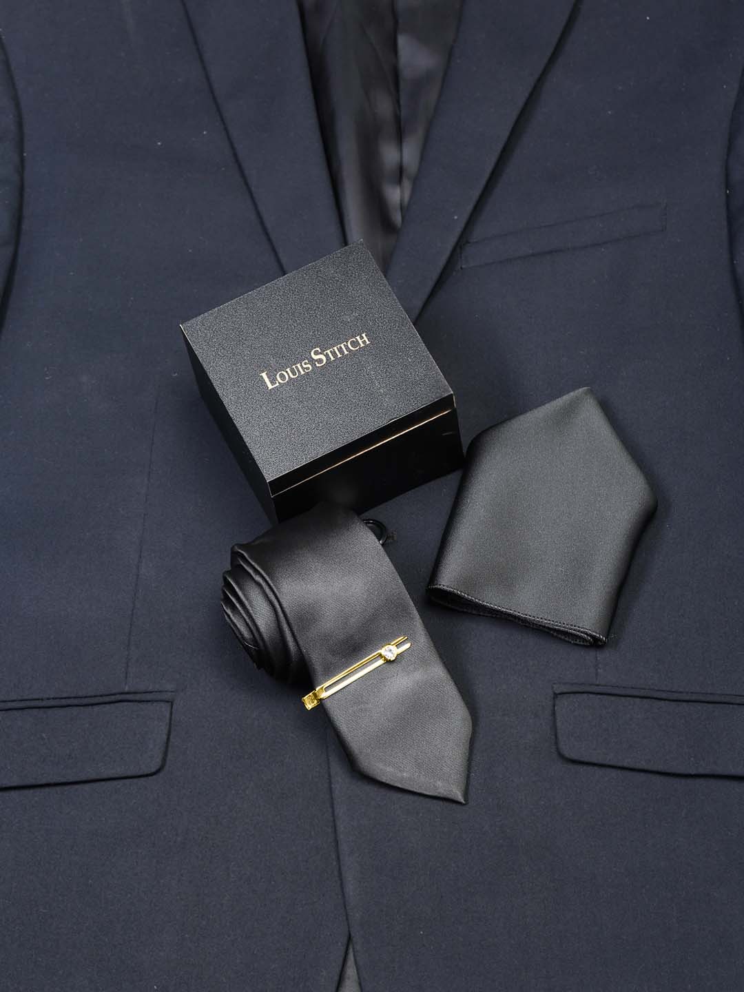 Devils Black Luxury Italian Silk Necktie Set With Pocket Square Gold Tie pin