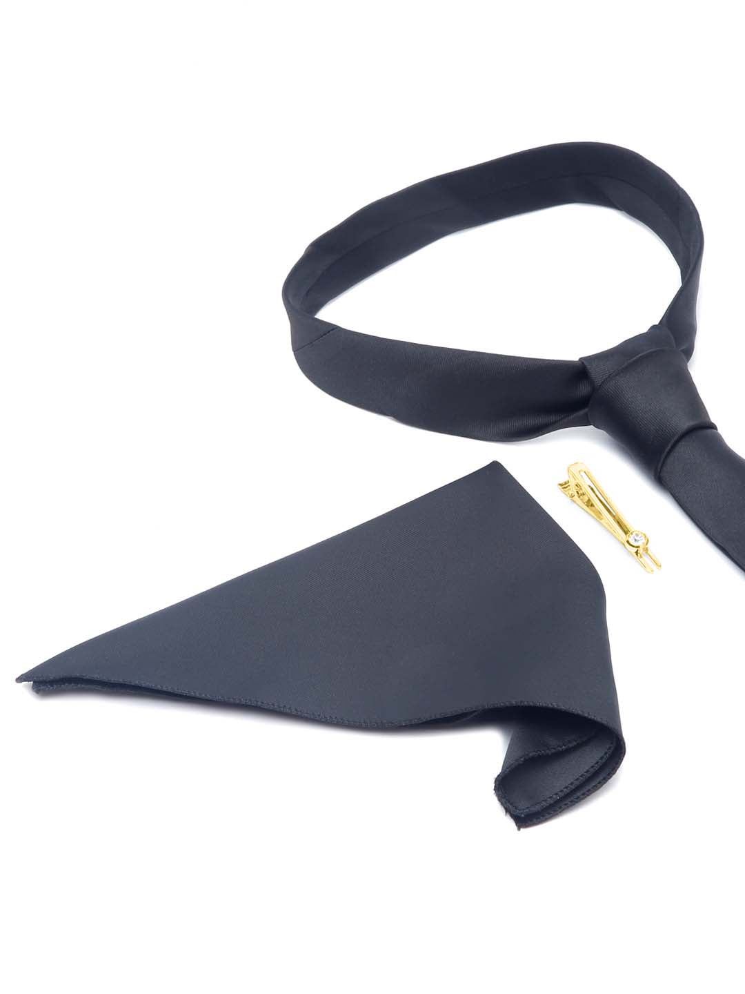 Devils Black Luxury Italian Silk Necktie Set With Pocket Square Gold Tie pin