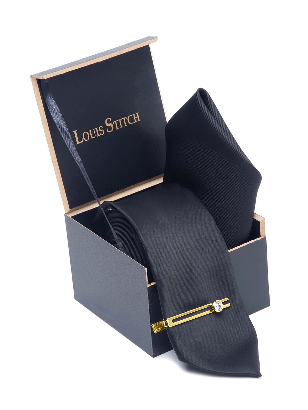 Devils Black Luxury Italian Silk Necktie Set With Pocket Square Gold Tie pin