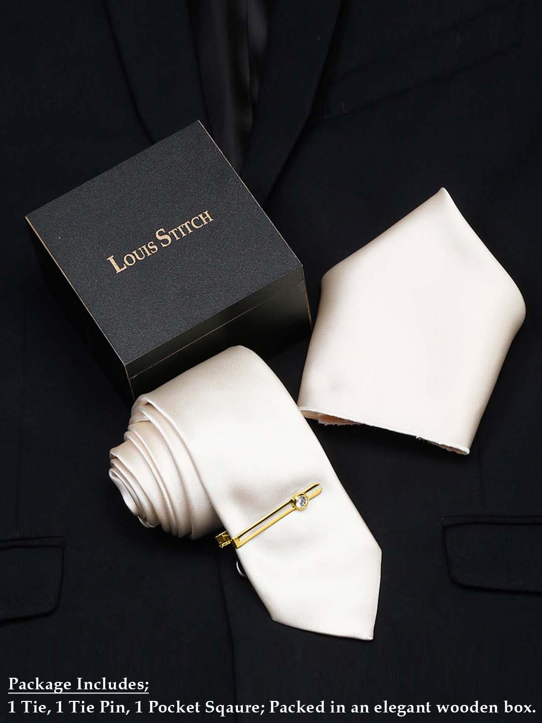 American Cream Luxury Italian Silk Necktie Set With Pocket Square Gold Tie pin