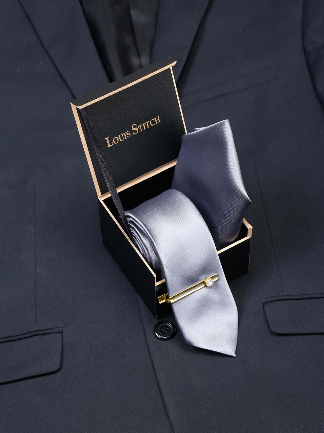 Roasted Grey Luxury Italian Silk Necktie Set With Pocket Square Gold Tie pin