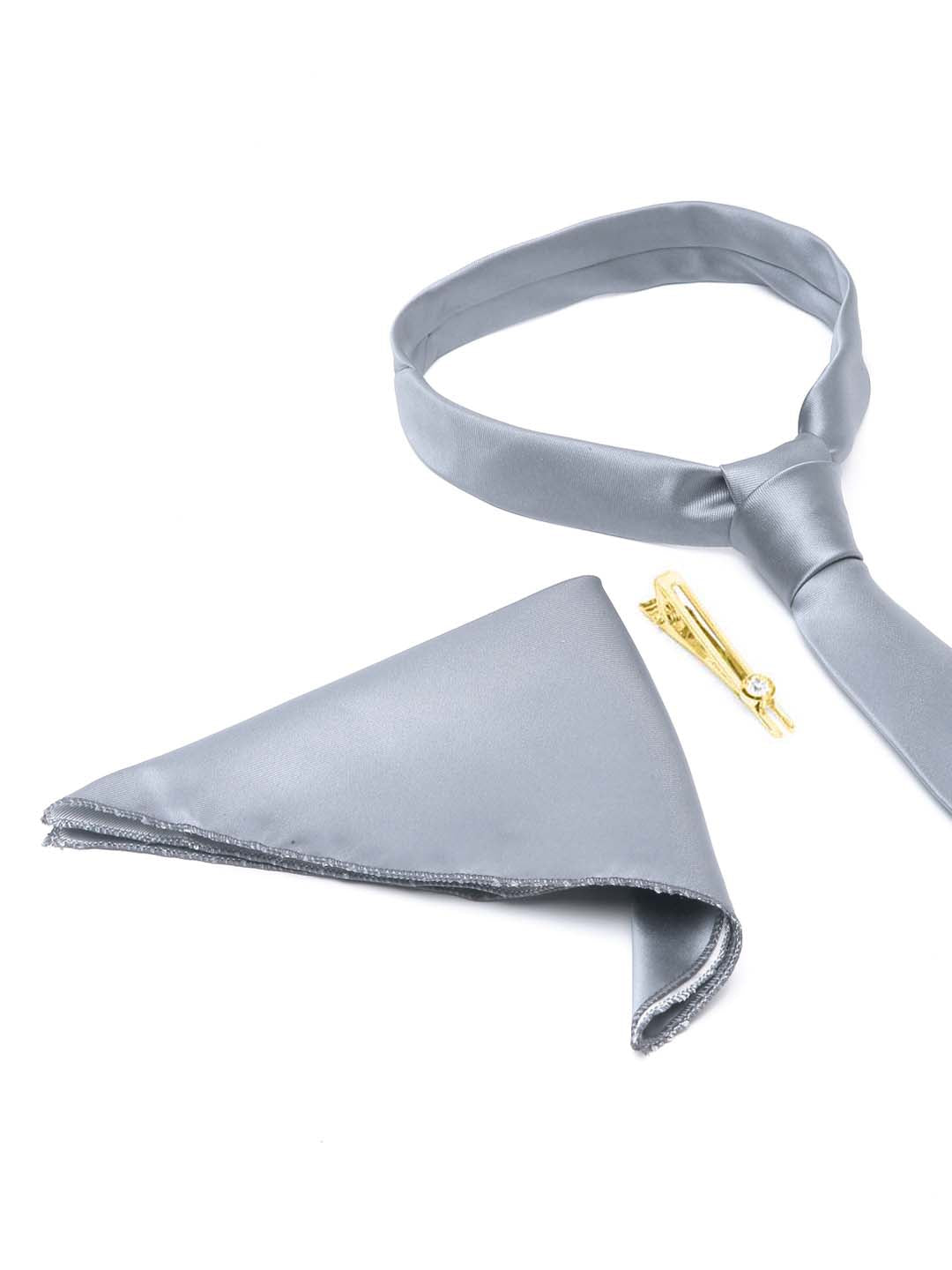 Roasted Grey Luxury Italian Silk Necktie Set With Pocket Square Gold Tie pin
