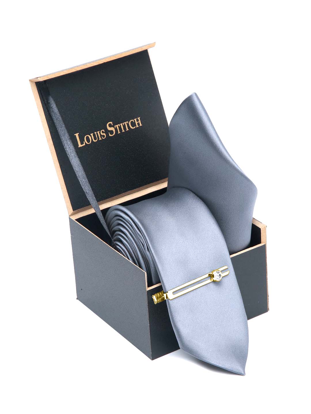 Roasted Grey Luxury Italian Silk Necktie Set With Pocket Square Gold Tie pin