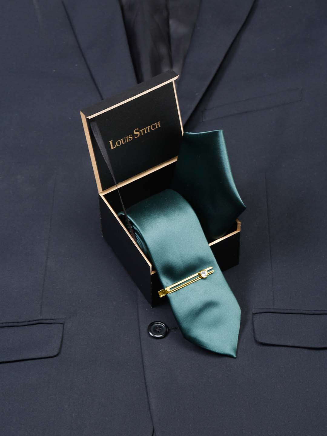 British Green Luxury Italian Silk Necktie Set With Pocket Square Gold Tie pin