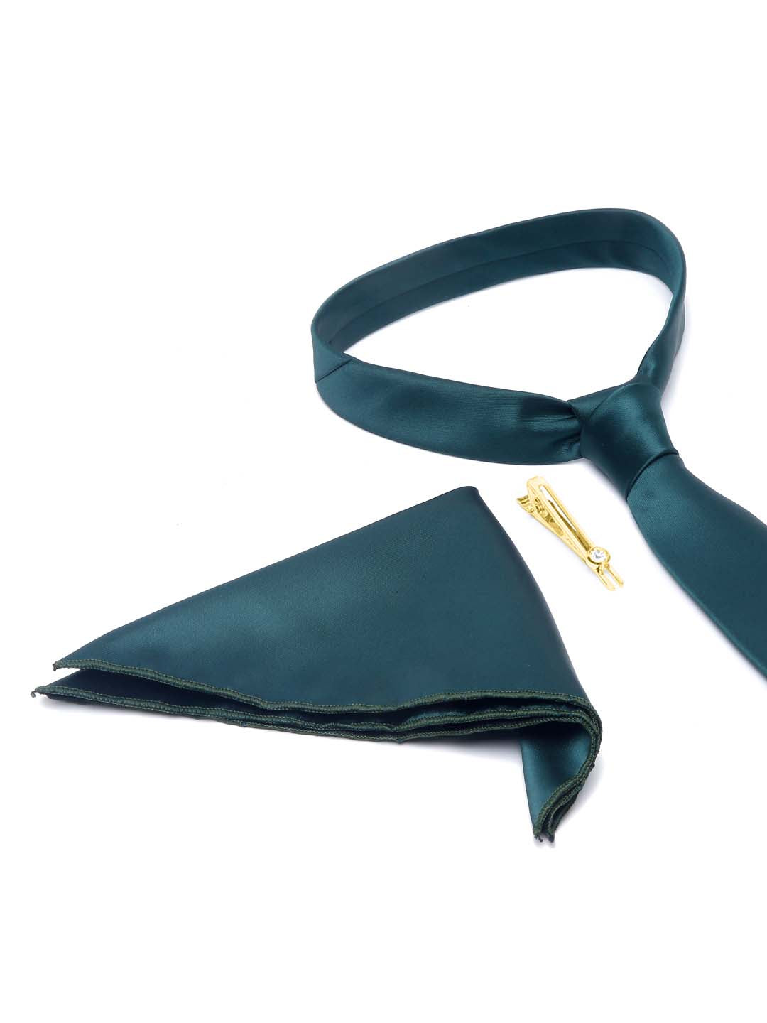 British Green Luxury Italian Silk Necktie Set With Pocket Square Gold Tie pin