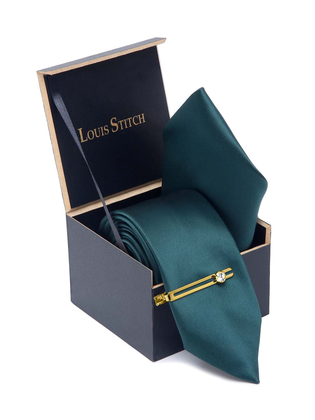 British Green Luxury Italian Silk Necktie Set With Pocket Square Gold Tie pin
