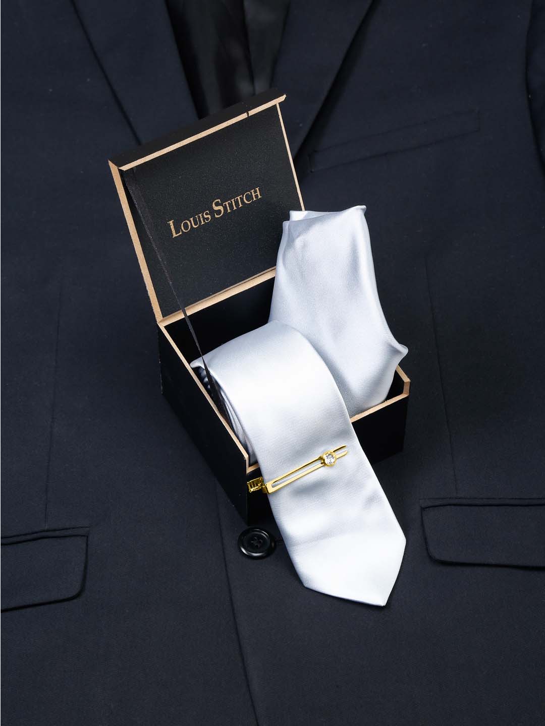 Royal Silver Luxury Italian Silk Necktie Set With Pocket Square Gold Tie pin