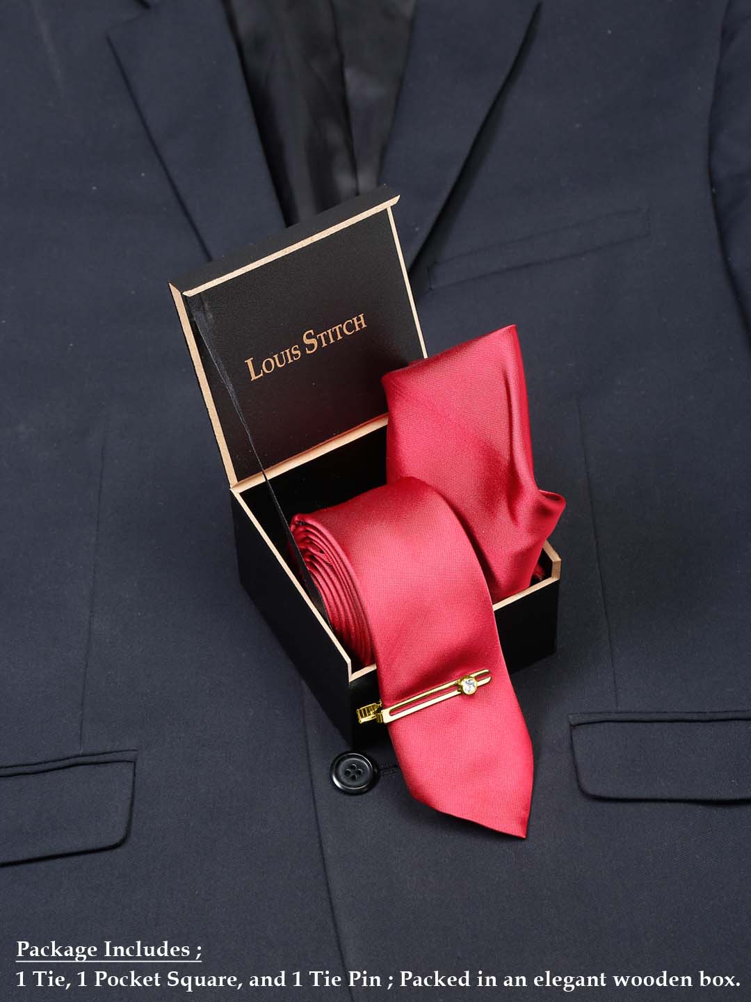 Clear Luxury Italian Silk Necktie Set With Pocket Square Gold Tie pin