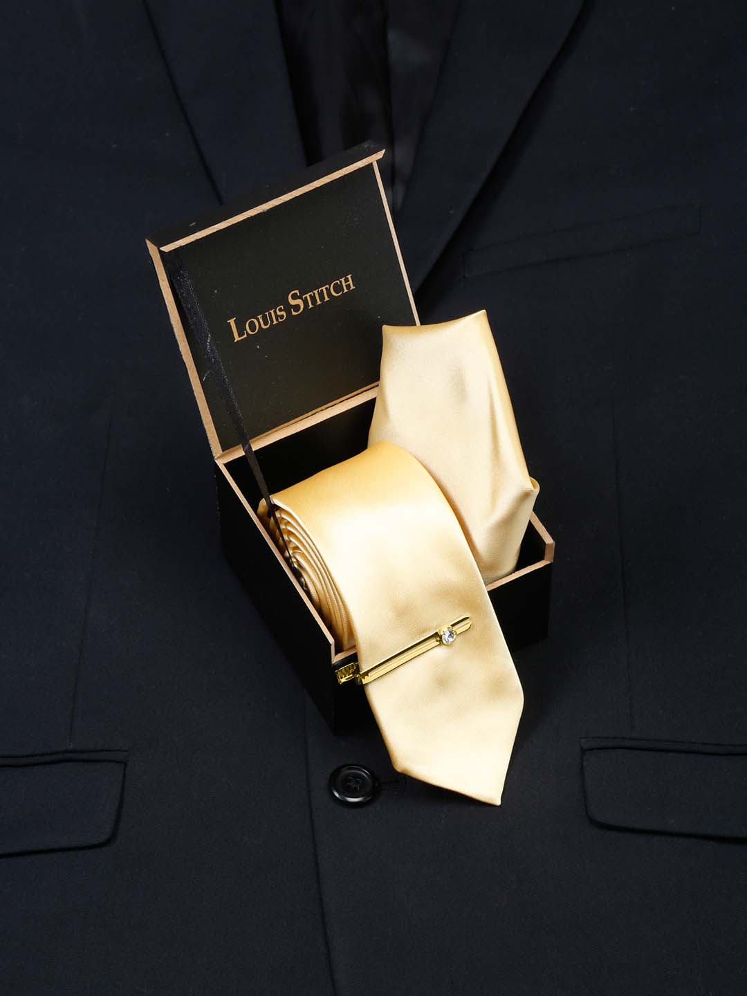 Tropic Yellow Luxury Italian Silk Necktie Set With Pocket Square Gold Tie pin