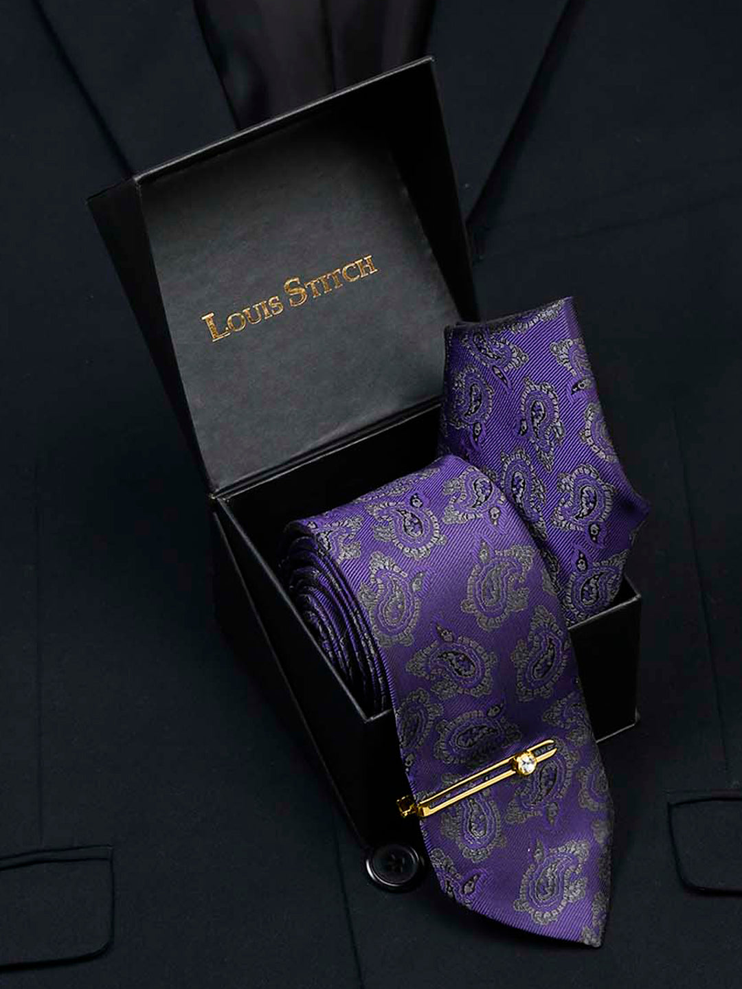 Iris Purple Luxury Italian Silk Necktie Set With Pocket Square Gold Tie pin