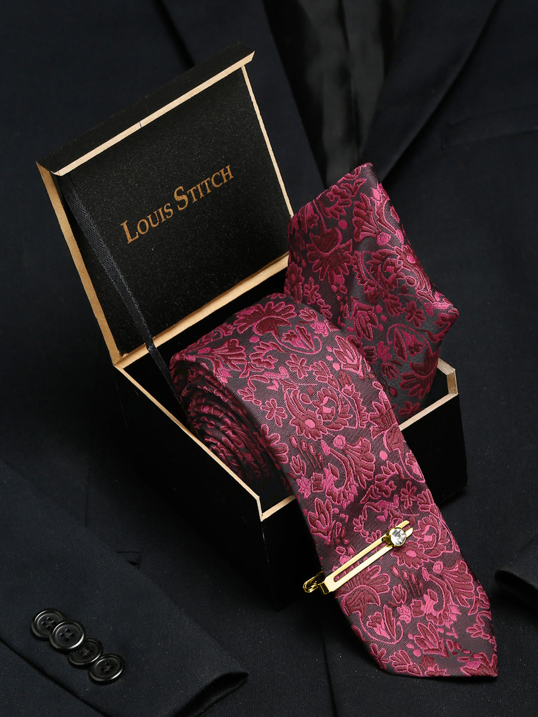 Burgundy Luxury Italian Silk Necktie Set With Pocket Square Gold Tie pin