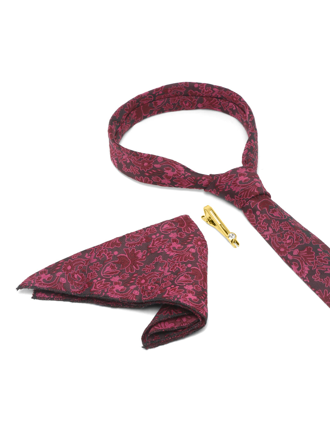 Burgundy Luxury Italian Silk Necktie Set With Pocket Square Gold Tie pin