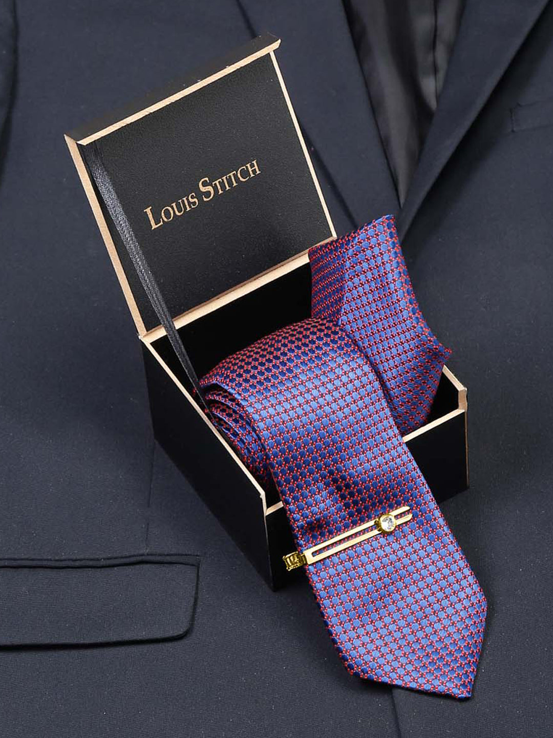 Dark Purple Luxury Italian Silk Necktie Set With Pocket Square Gold Tie pin