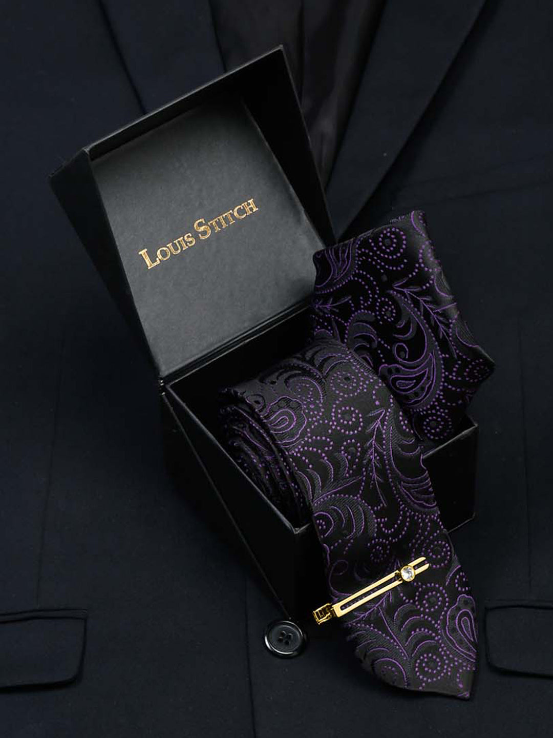 Heather Purple Luxury Italian Silk Necktie Set With Pocket Square Gold Tie pin