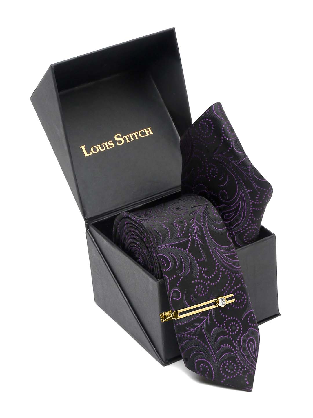 Heather Purple Luxury Italian Silk Necktie Set With Pocket Square Gold Tie pin