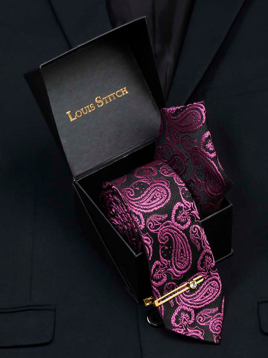Orchid Purple Luxury Italian Silk Necktie Set With Pocket Square Gold Tie pin