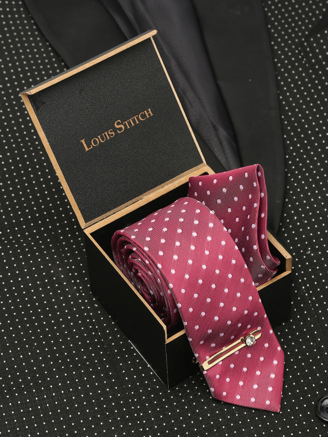 Polka Rosewood Luxury Italian Silk Necktie Set With Pocket Square Gold Tie pin