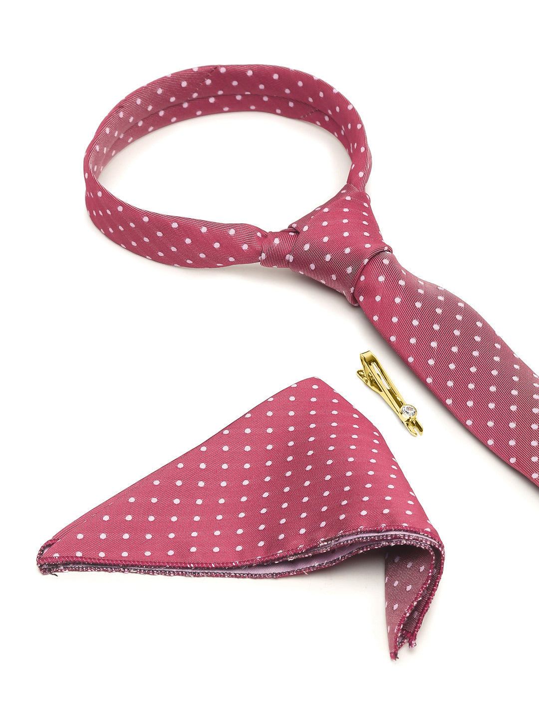 Polka Rosewood Luxury Italian Silk Necktie Set With Pocket Square Gold Tie pin