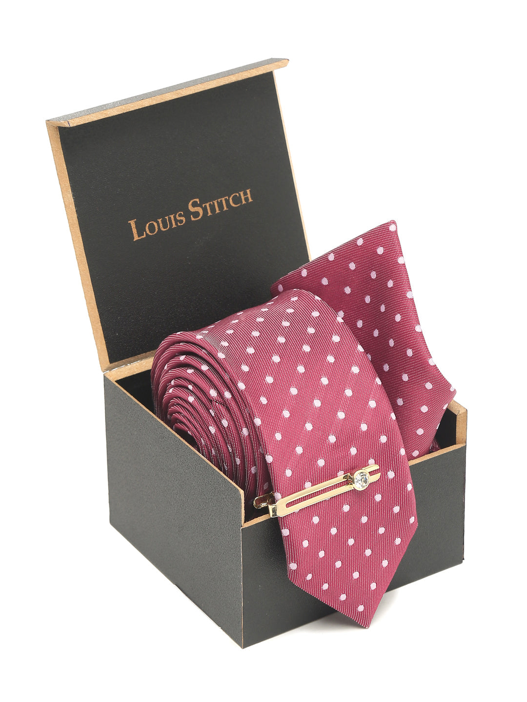 Polka Rosewood Luxury Italian Silk Necktie Set With Pocket Square Gold Tie pin