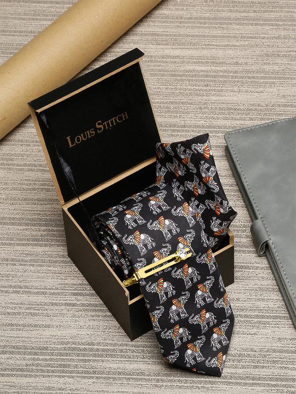 Raven Black Luxury Italian Silk Necktie Set With Pocket Square Golden Tie Pin