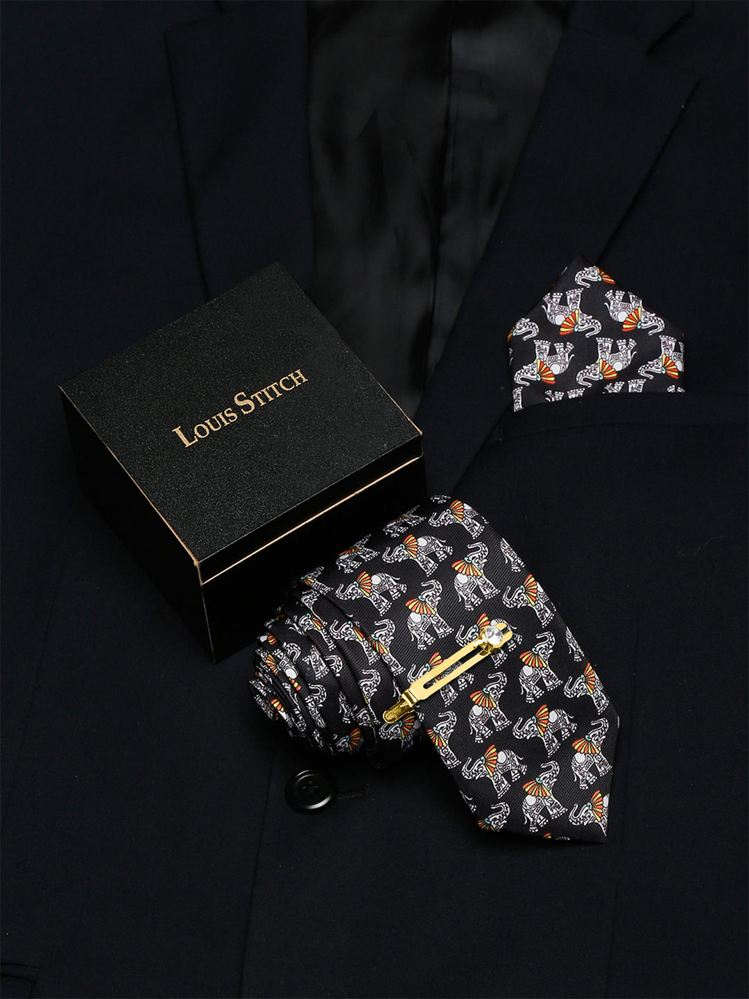Raven Black Luxury Italian Silk Necktie Set With Pocket Square Golden Tie Pin