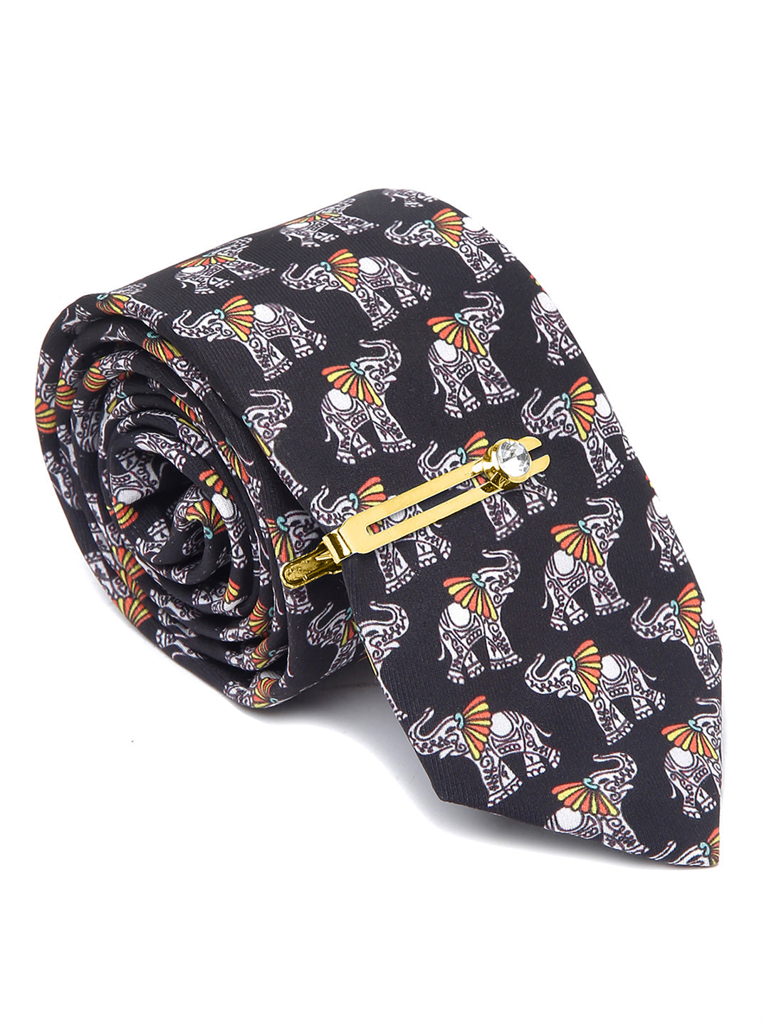 Raven Black Luxury Italian Silk Necktie Set With Pocket Square Golden Tie Pin