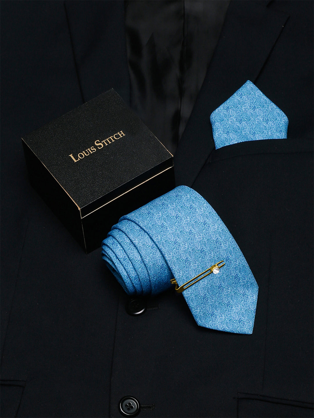 Maya Blue Luxury Italian Silk Necktie Set With Pocket Square Golden Tie Pin