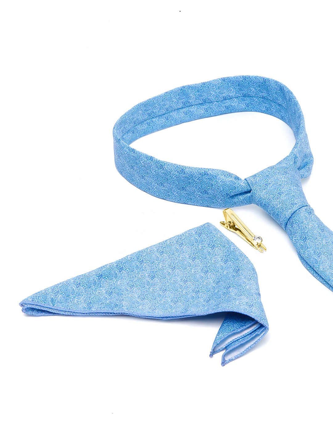 Maya Blue Luxury Italian Silk Necktie Set With Pocket Square Golden Tie Pin