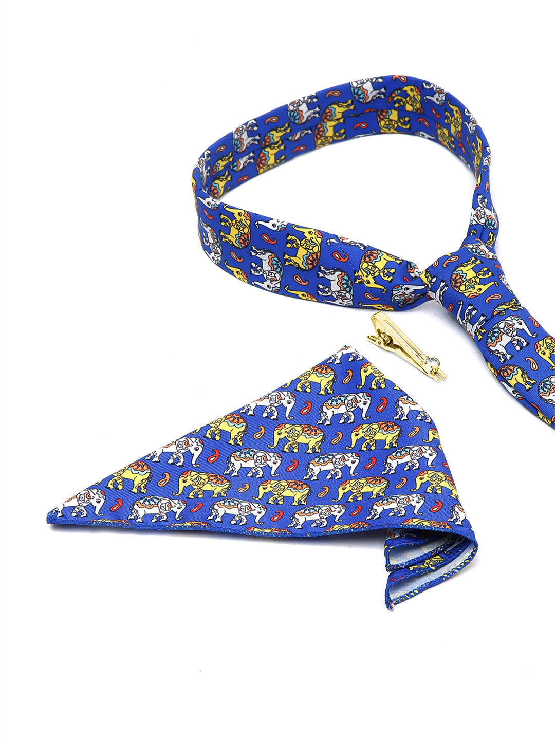 Dodger Blue Luxury Italian Silk Necktie Set With Pocket Square Golden Tie Pin