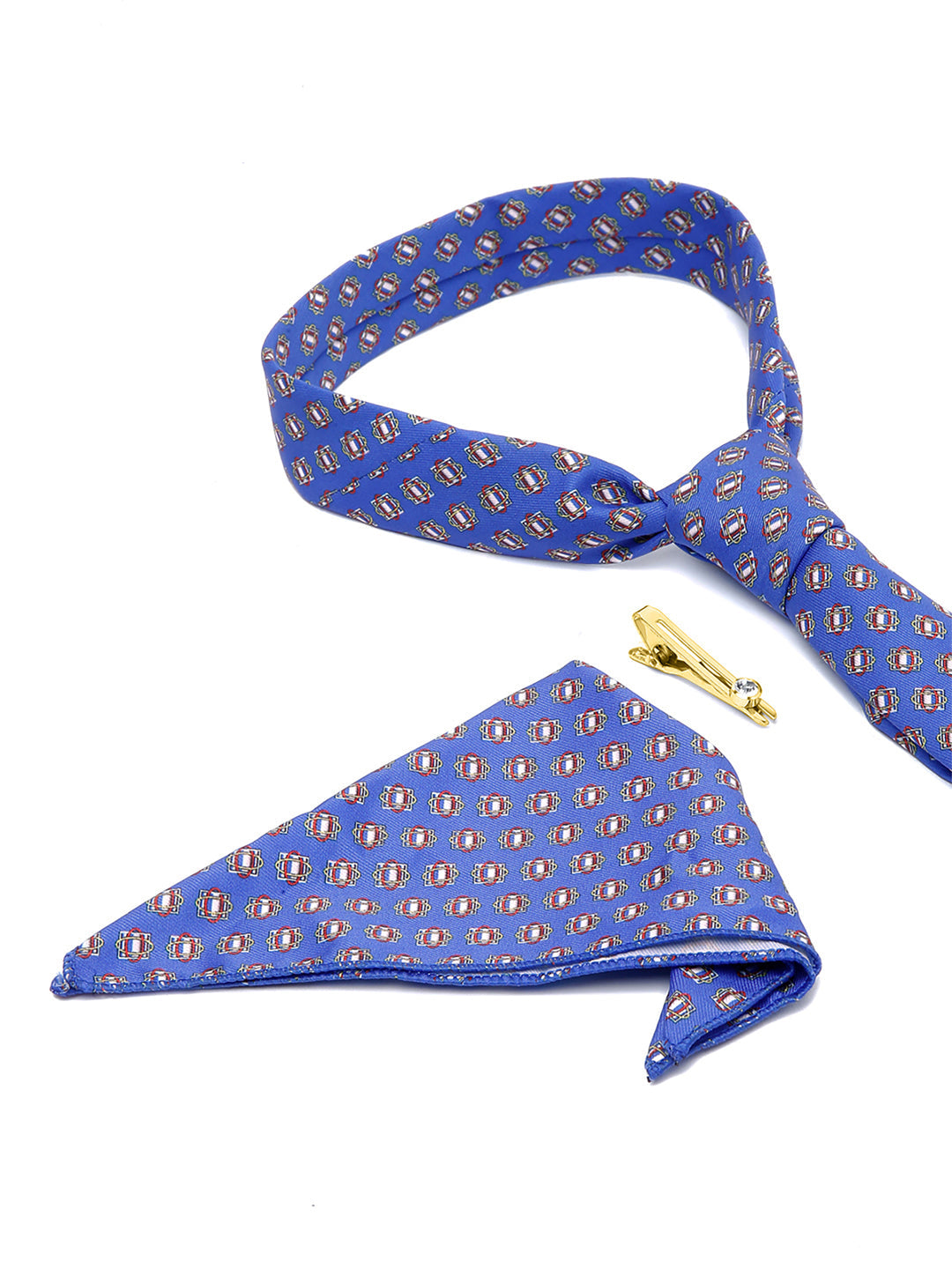 Brandeis Blue Luxury Italian Silk Necktie Set With Pocket Square Golden Tie Pin