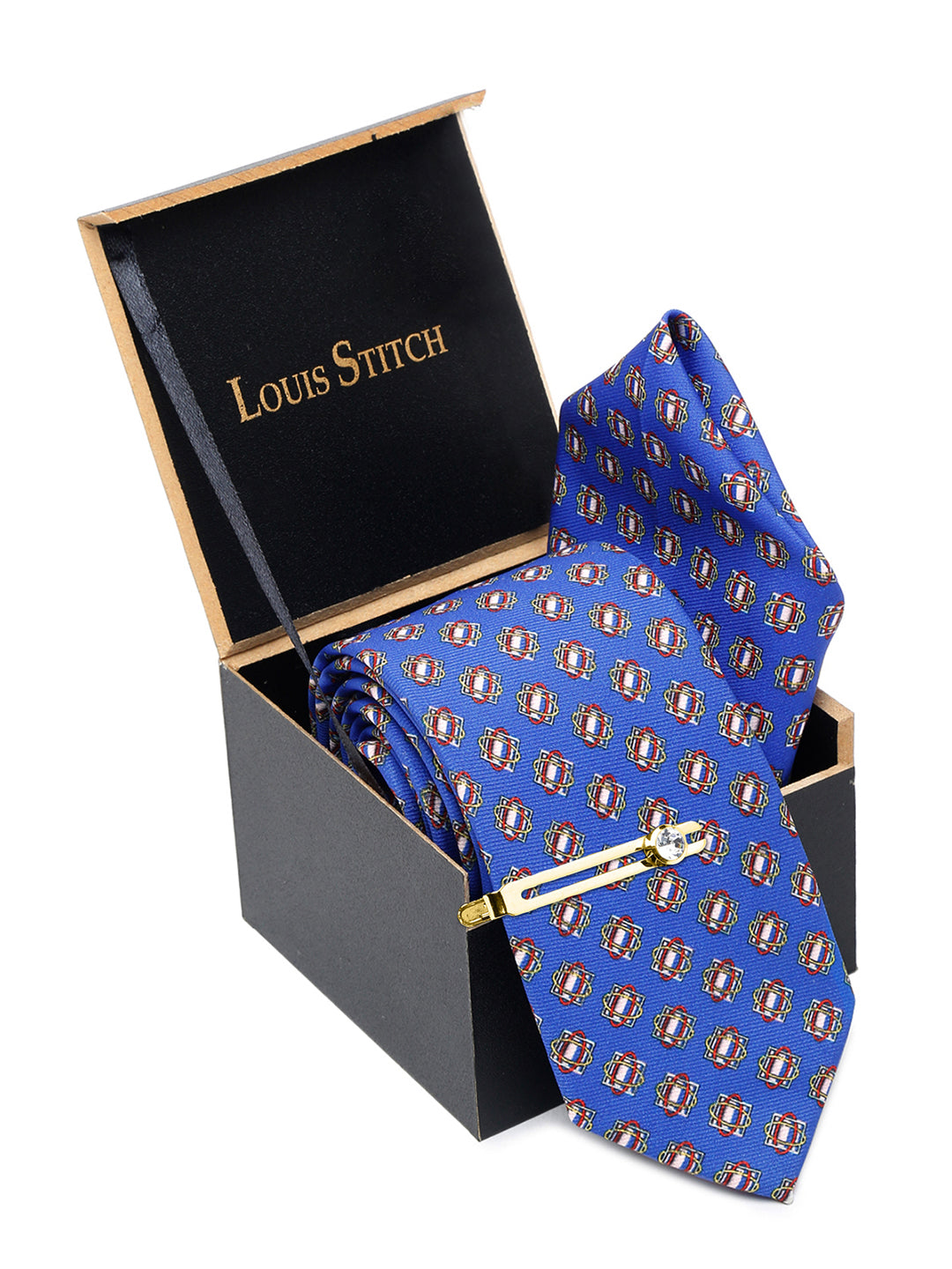 Brandeis Blue Luxury Italian Silk Necktie Set With Pocket Square Golden Tie Pin