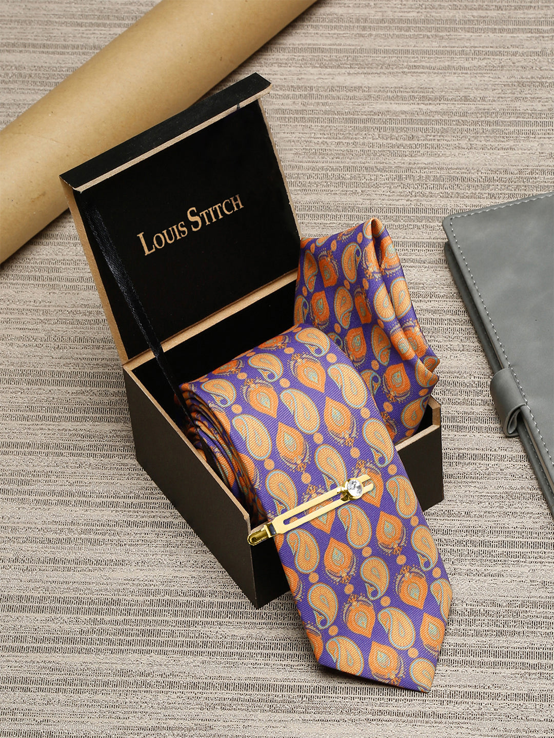 Amethyst Purple Luxury Italian Silk Necktie Set With Pocket Square Golden Tie Pin