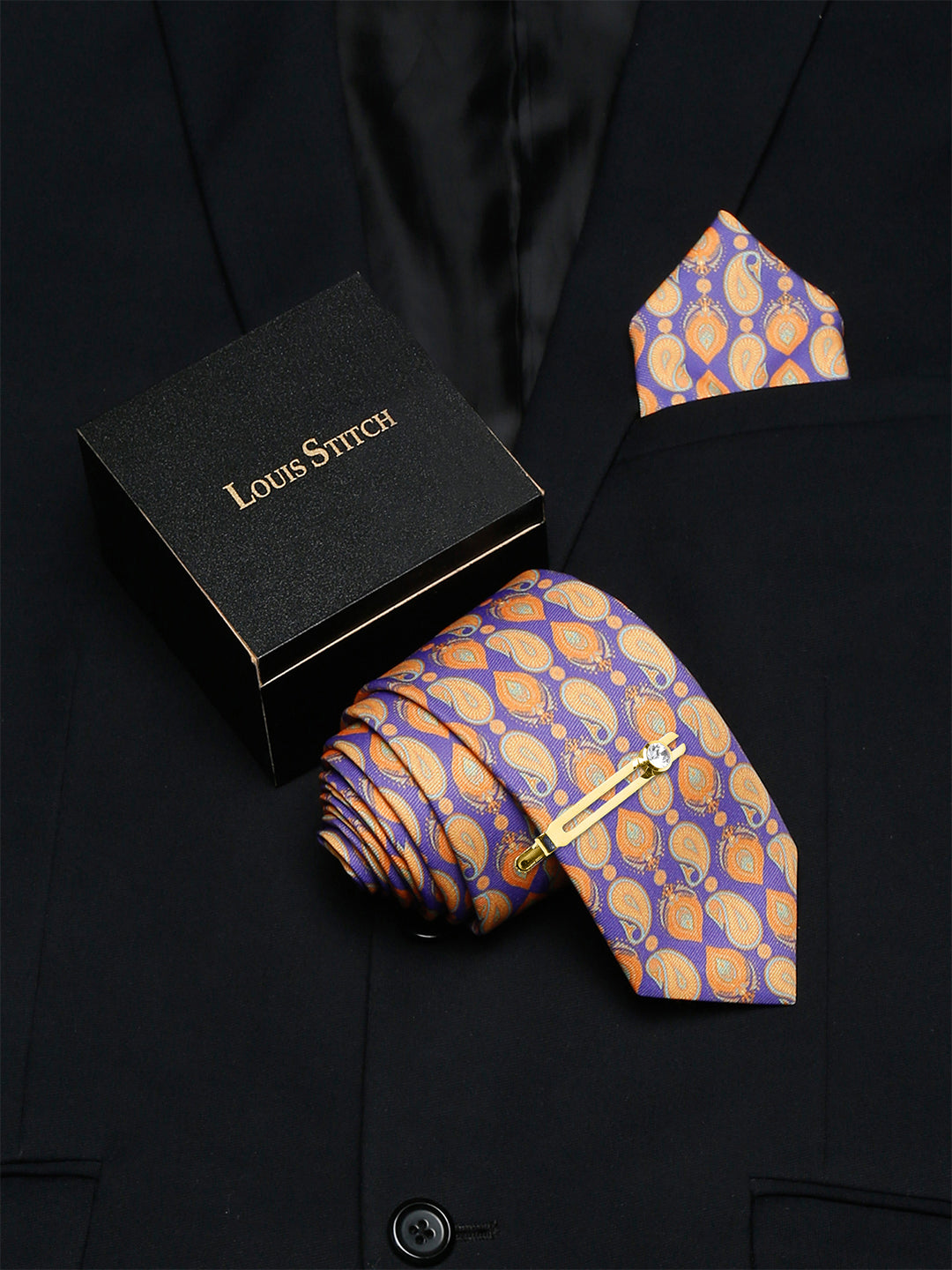 Amethyst Purple Luxury Italian Silk Necktie Set With Pocket Square Golden Tie Pin