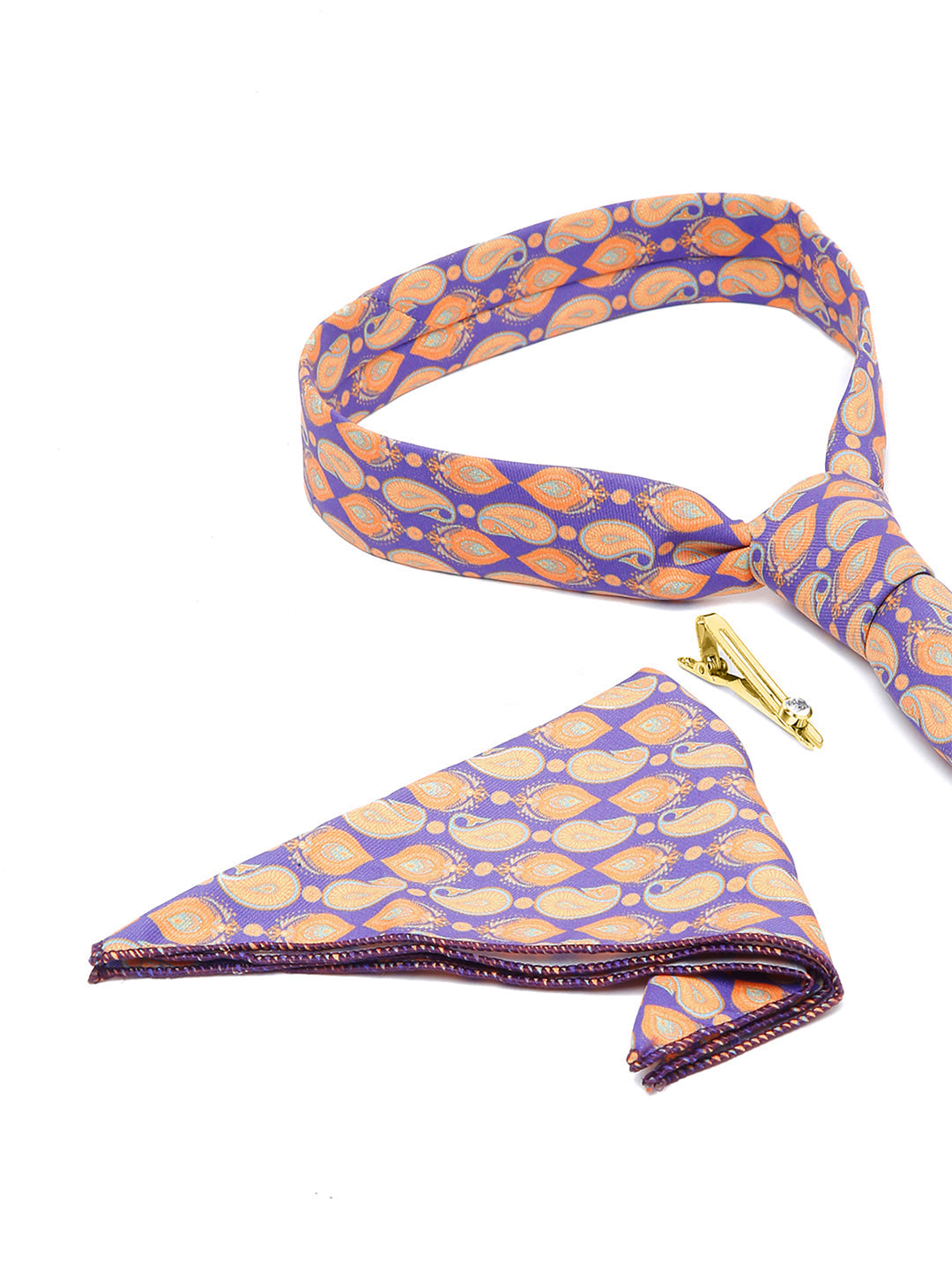 Amethyst Purple Luxury Italian Silk Necktie Set With Pocket Square Golden Tie Pin