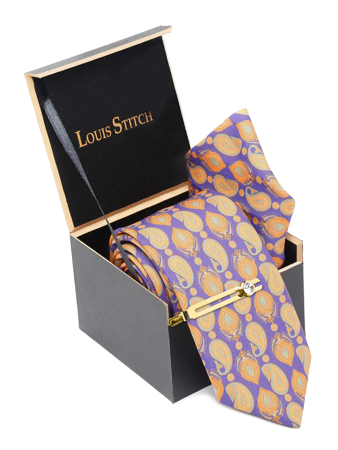 Amethyst Purple Luxury Italian Silk Necktie Set With Pocket Square Golden Tie Pin