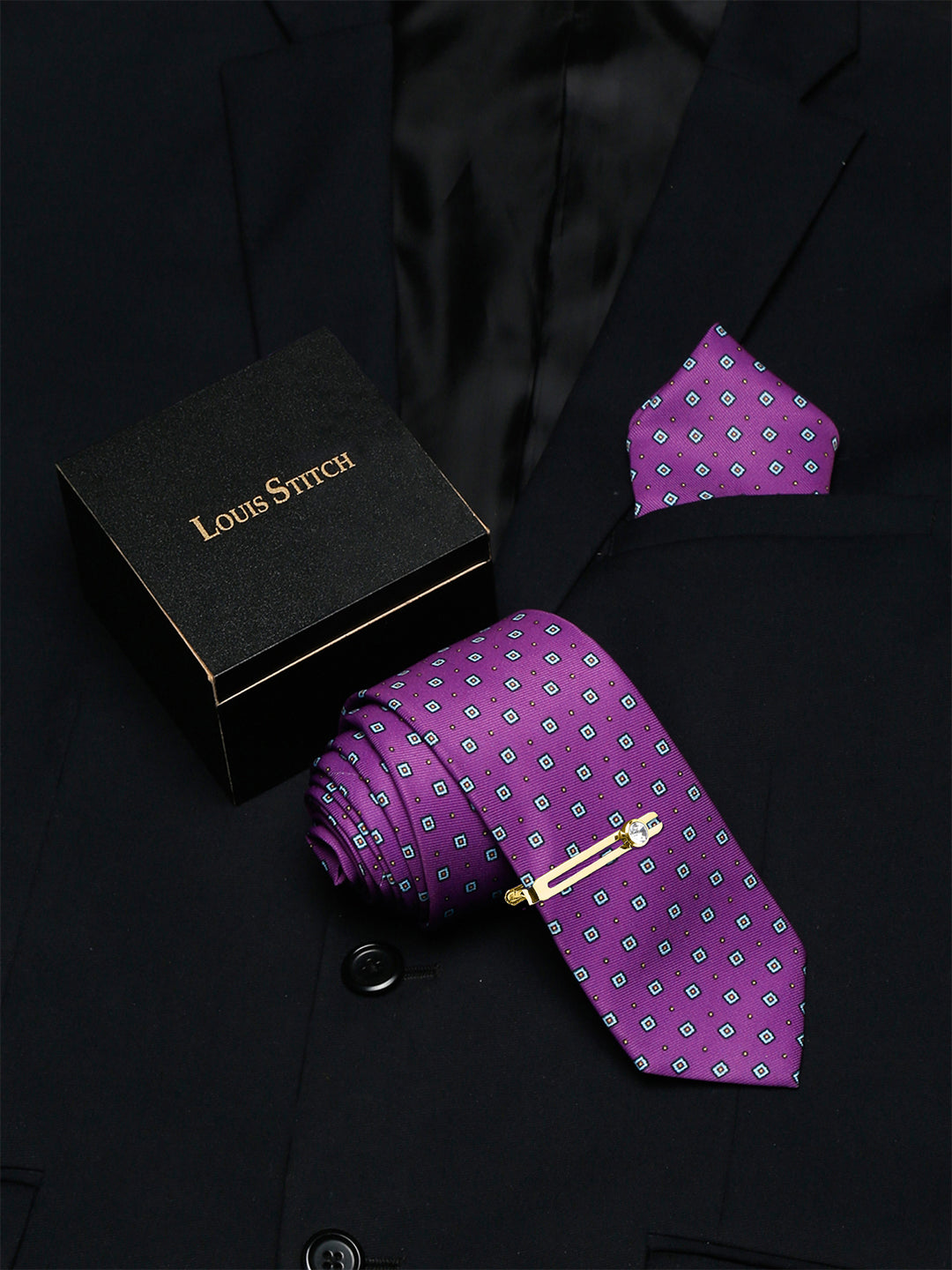 Liliac Purple Luxury Italian Silk Necktie Set With Pocket Square Golden Tie Pin